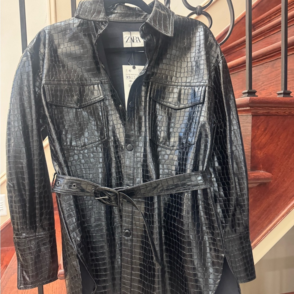 Zara Black Croc-Embossed Faux Leather Jacket